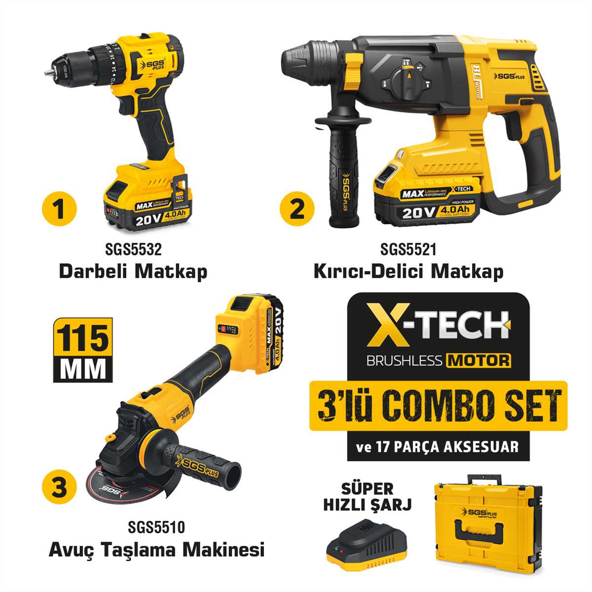 SGS5450 COMBO SET 3 PARÇA (DARBELİ MATKAP/KIRICI DELİCİ MATKAP/AVUÇ TAŞLAMA MAKİNESİ)